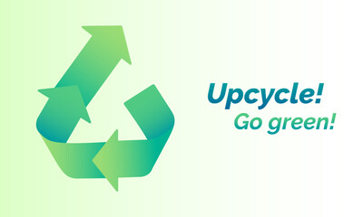 Upcycle horizontal vector banner with upcycling and recycling symbol. Creative reuse of useless or unwanted products into new materials as a modern tendency. Upcycling as a part of recycling process