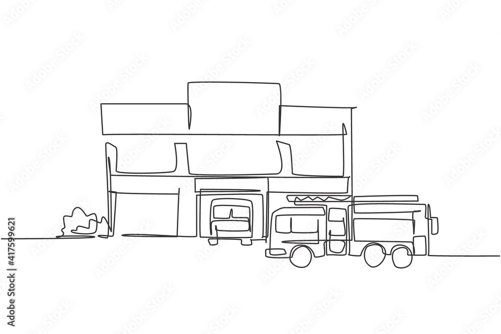 Poster single continuous line drawing of fire station building construction. firemen basecamp office isolat