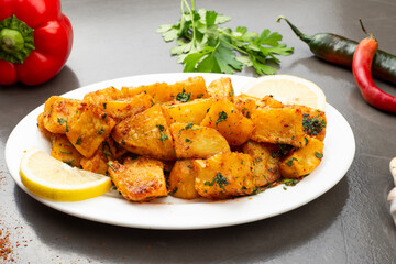 Spicy potato cut in cubes and fried, lebanese cuisine.