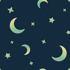 Fototapeta na wymiar Vector Fluorescent Night Sky of Crescent Moon and Stars seamless pattern background. Perfect for fabric, scrapbooking and wallpaper projects.