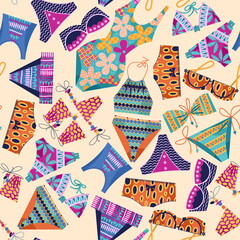 Women’s multi-colored swimsuits. Bathing suit various models. Seamless background pattern.