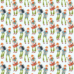 Brazilian holiday Festa Junina (the June party). Trio de Forró (a trio of musicians playing an accordion, a bass drum and a triangle). Seamless background pattern.