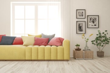 White living room with sofa. Scandinavian interior design. 3D illustration