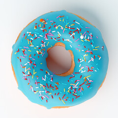 Beautiful donut with blue icing on white background. 3d render illustration. Sweet background. Top view.