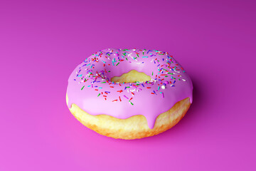 Beautiful donut with colorful icing on white background. 3d render illustration. Sweet background. Top view.
