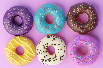 Assorted donuts with colorful icings on pink background. 3d illustration. Colorful donuts background. Various glazed doughnuts with sprinkles.
