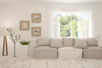 White living room with sofa and summer landscape in window. Scandinavian interior design. 3D illustration