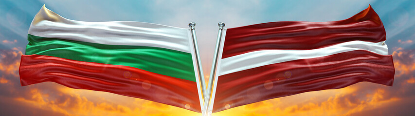 Bulgaria Flag and Latvia Flag waving with texture Blue sky could and sunset Double flag