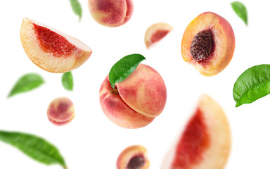 peach slices and leaves flying on air