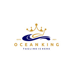 Simple Swimming Pool Silhouette Sea Ocean Water Wave and Golden Crown Logo Design Inspiration