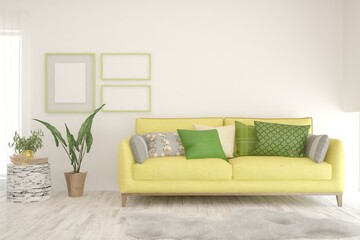 White living room with yellow sofa and green pillows. Scandinavian interior design. 3D illustration