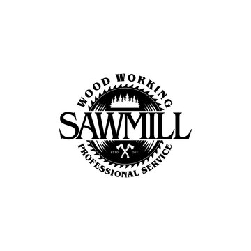 Sawmill Emblem Logo Vector for Carpentry, Woodworkers, Lumberjack, Sawmill Service Isolated on White Background