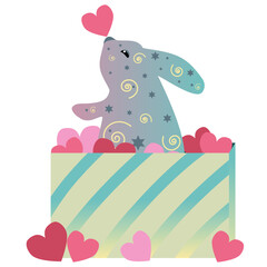 Cute colorful magic bunny with hearts and stars. Rabbit in bright funny gift box. Cartoon character design, flat vector illustration