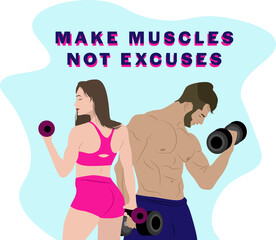 Fototapeta na wymiar Fitness couple holding dumbbells. Man and female in great shape. Make muscles not excuses! Healthy lifestyle.