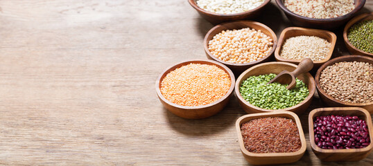 bowls of legumes, lentils, chickpeas, beans, rice and cereals