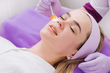 A beautician applying cream on face with brush to the client