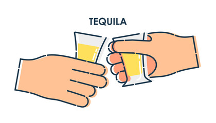 Two human hand holding a glass of tequila. Line art design element on white background. Fingers person with stack with strong alcohol. Concept of time to drink alcohol. Modern style illustration