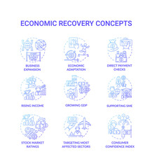 Economic recovery concept icons set. Rating of stock market idea thin line RGB color illustrations. Business cycle after recession. Rental assistance. Vector isolated outline drawings