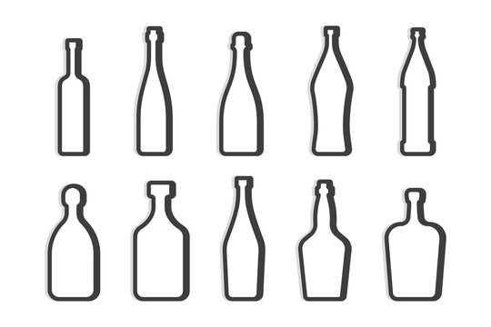 Vodka red wine champagne whiskey liquor rum martini vermouth beer tequila bottle. Simple linear shape. Isolated object. Symbol in thin lines. Dark outline. Flat illustration on white background