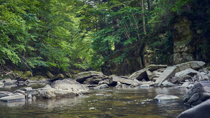 Naklejka na ściany i meble A shallow rocky mountain river flowing in a small ravine in the middle of the forest