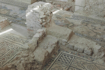 Closeup of the figures on the floor of the ancient Roman Villa in salar town of Poniente de Granada, mosaic paved columns and Venus in recent excavations