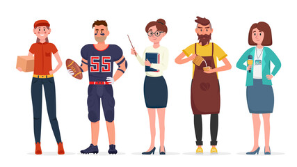 Group of people of different job professions. Courier, american football player, teacher, barista and journalist. Vector Illustration.