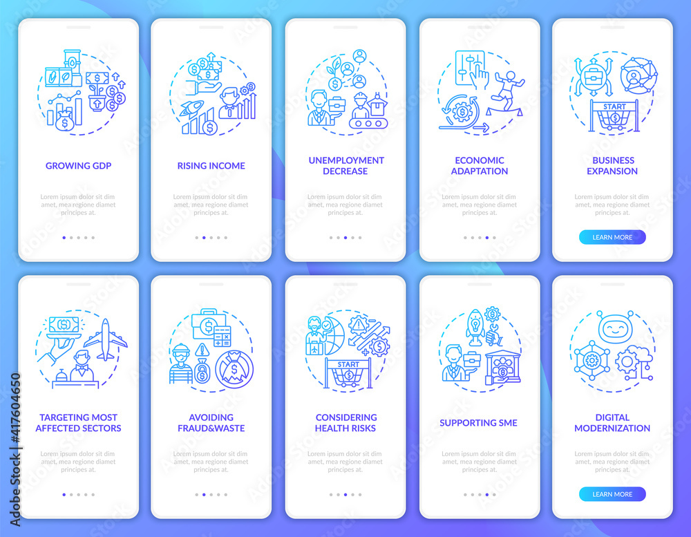 Poster economic recovery onboarding mobile app page screen with concepts set. avoiding fraud and waste walk