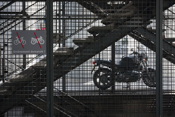 The motorcycle is parked in a prohibited place. France. Paris - 417604697