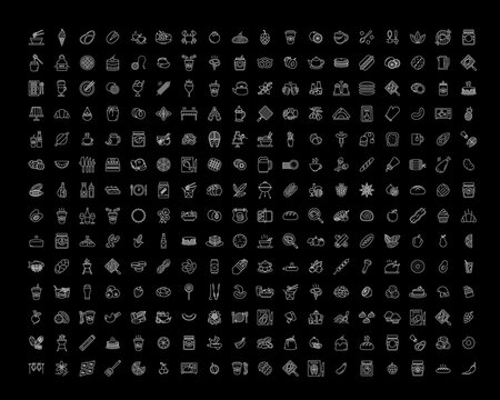 Food white linear icons set for dark theme. Cookery and dinner preparation. Grill meat. Sweet dessert. Night mode customizable thin line symbols. Isolated vector outline illustrations. Editable stroke