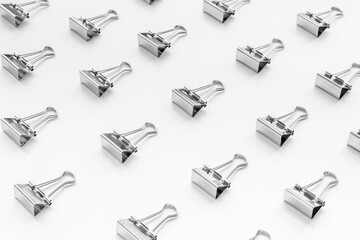 Paper binder clips. Stationery and office supplies background.