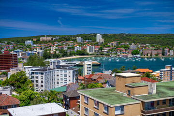 Fototapeta na wymiar Aerial view of Manly skyline from a city rooftop