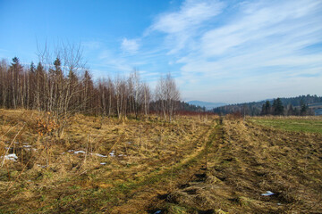 Panorama of low mountains in early spring - Gorce