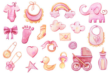 Newborn baby girl clipart set. Watercolor hand painted illustration set- rainbow, clouds, elephant, bow. Pink and yellow elements for baby shower, patterns, sublimation. Isolated on white background.