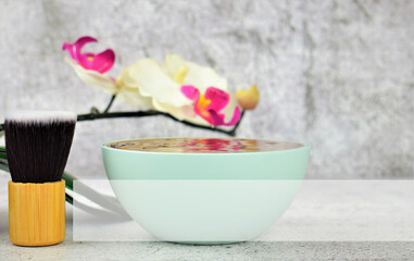 Spa, care and health. Bowl with chocolate to apply on the skin. Reserved space, copy space.