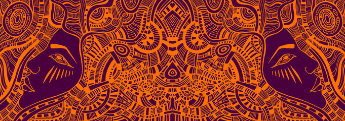 Psychedelic colorful fantasy kaleidoscope girls. Orange outline color, isolated on dark burgundy.
