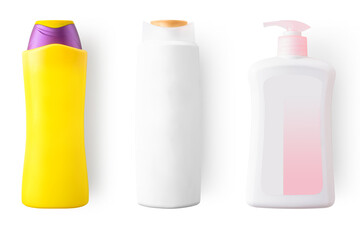 A set of bottles of detergents for washing. Blank plastic bottle for laundry detergent, isolated on white background, Clipping path included.