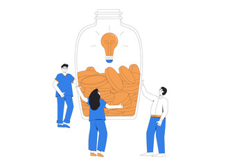 Fundraising concept. Characters with coins and piggy bag. Crowd funding. Friends give a money for a new project. Different characters supporting social campaign. Cooperation people