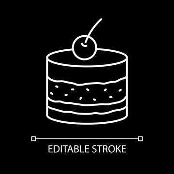 Cake white linear icon for dark theme. Sweet dessert. Pastry and bakery. Treat with cream, cherry. Thin line customizable illustration. Isolated vector contour symbol for night mode. Editable stroke