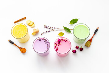 Beetroot matcha and turmeric latte coffee or tea. Healthy antioxydant drinks