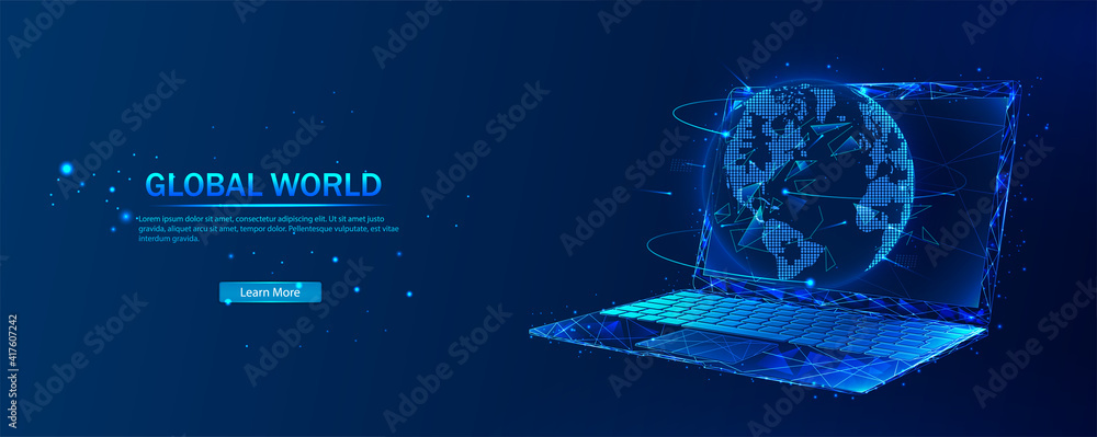 Poster global world. planet earth concept on laptop screen. vector low poly wireframe in the form of starry