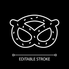 Pretzel white linear icon for dark theme. Salty cracker. German bread snack for Oktoberfest. Thin line customizable illustration. Isolated vector contour symbol for night mode. Editable stroke