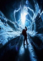Photographer exploring an amazing glacial ice cave