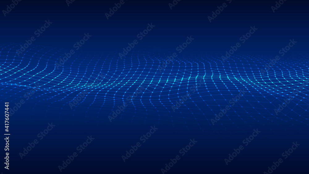Poster abstract wave with moving dots and lines. flow of particles. vector cyber technology illustration.