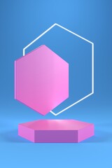 Pink hexagonal podium and white hexagonal ring on gradient blue background.