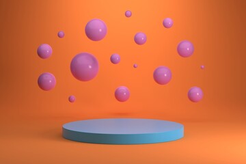 Blue cylinder podium and pink spheres on gradient orange background.