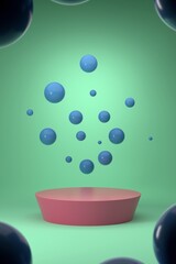 Pink cylinder podium and blue spheres on gradient green background.