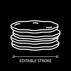 Pancakes stack white linear icon for dark theme. Breakfast food. Baked pastry. Sweet cakes. Thin line customizable illustration. Isolated vector contour symbol for night mode. Editable stroke