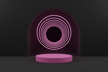 Pink cylinder podium and pink light ring on gray tunnel background.