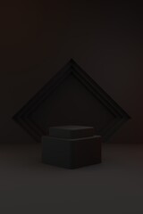 Stacked dark gray podium on dark gray background with orange and white lighting.