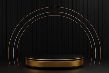 Black gold cylinder podium and gold silver ring on dark gray stripes background.